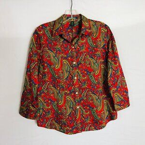 Lauren Ralph Lauren Women's PM Petite Medium Red Paisley Button Up Blouse Top